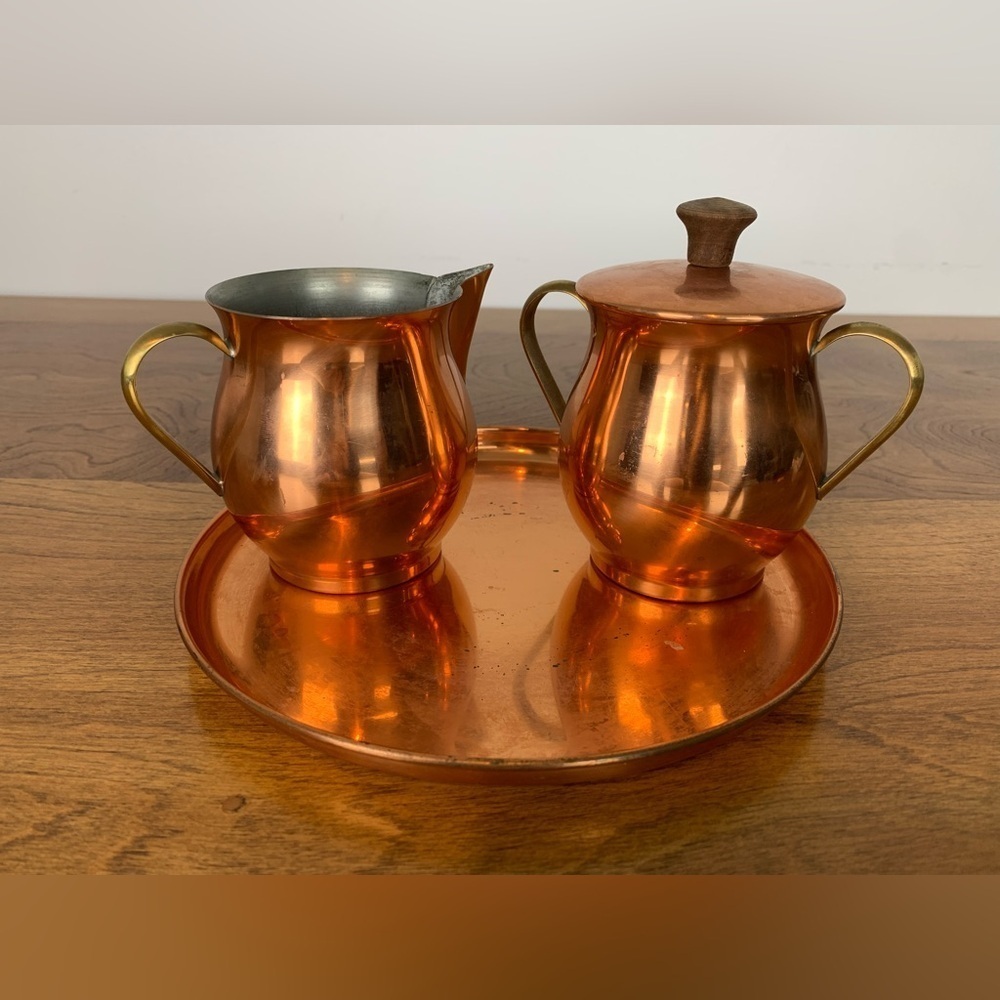 Copral Copper Brass Creamer Sugar Bowl Tray Set Made In Portugal Vtg Mixed Metal - Picture 2 of 11